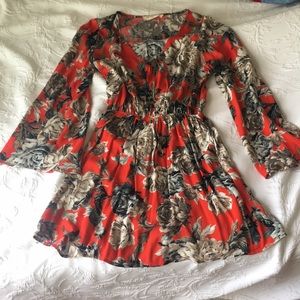 Bright red floral long sleeve dress